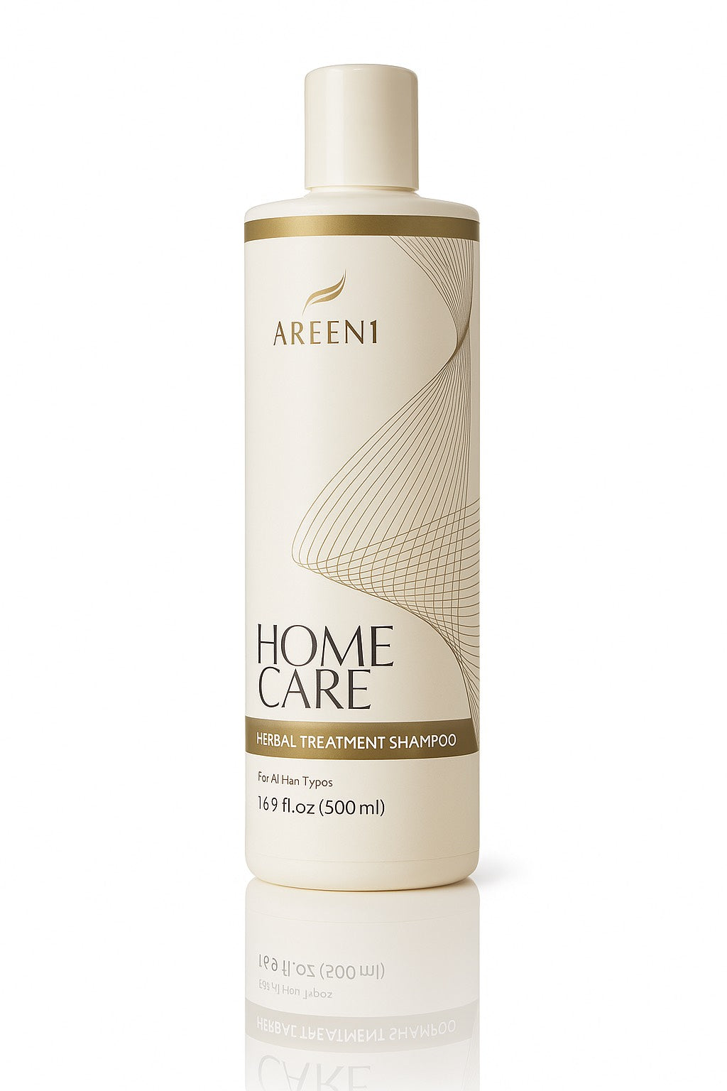Treatment Shampoo bottle with gold lettering and a geometric design | Areen1