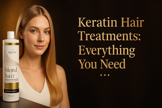 Blonde woman with keratin hair treatment product bottle | areen1