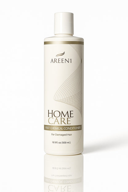 Home Care Keratin Treatment Shampoo bottle with gold lettering and a geometric design. | Areen1 